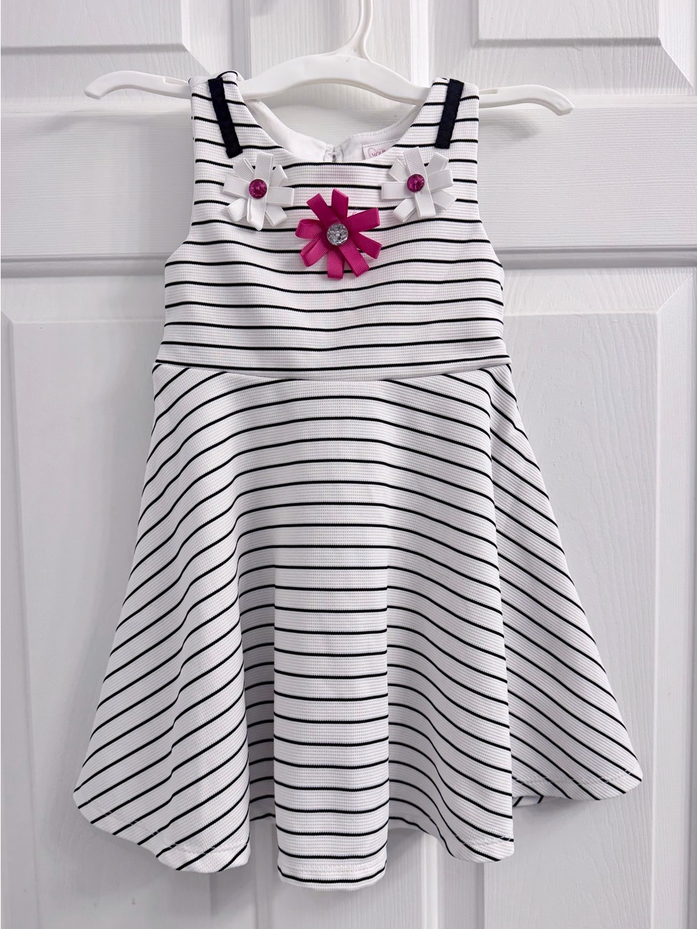 Youngland White & Black Striped Sleeveless Dress with Pink Flower